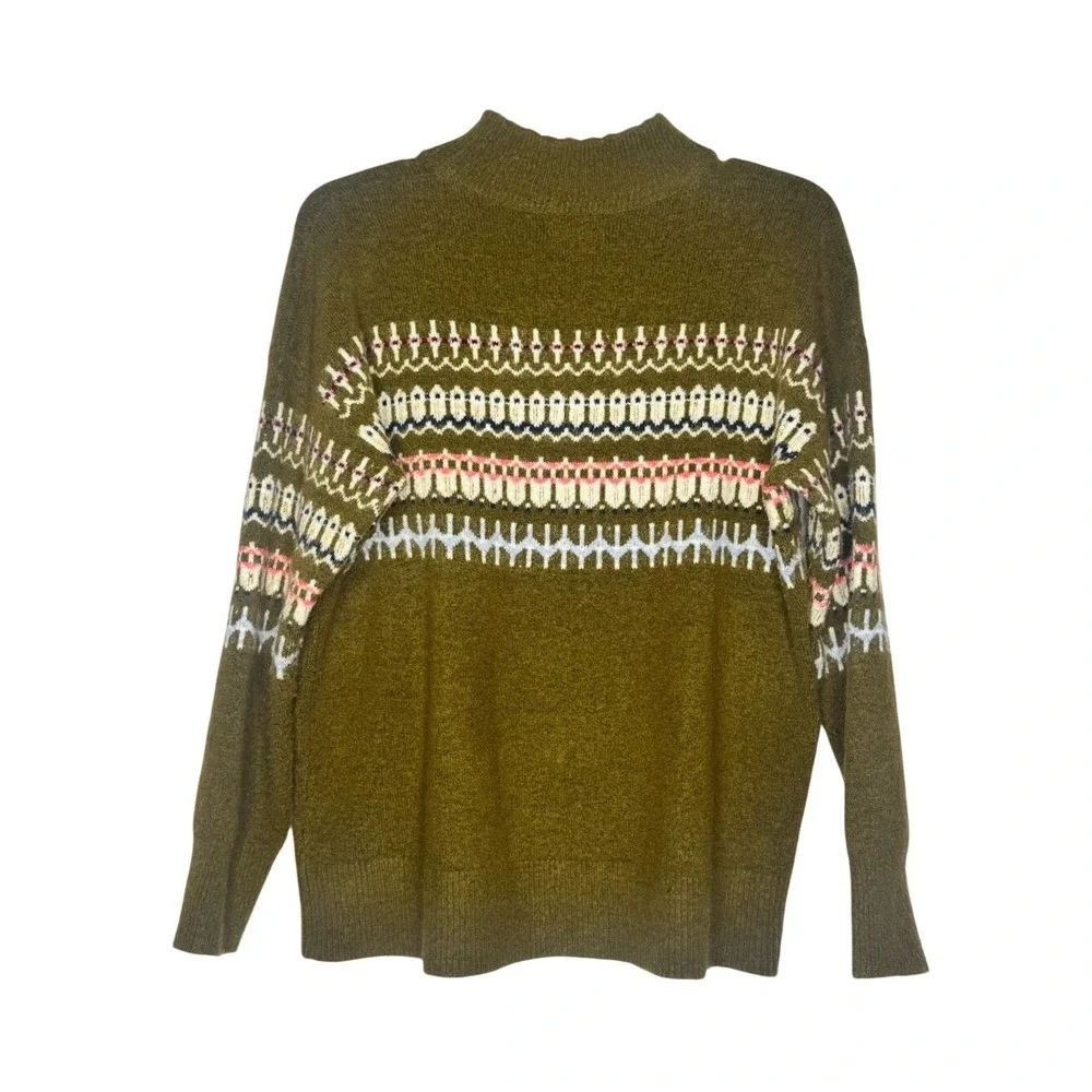 Fat Face‎ Womens Olive Green Fair Isle Multi Print Sweater Sz 10 Mockneck